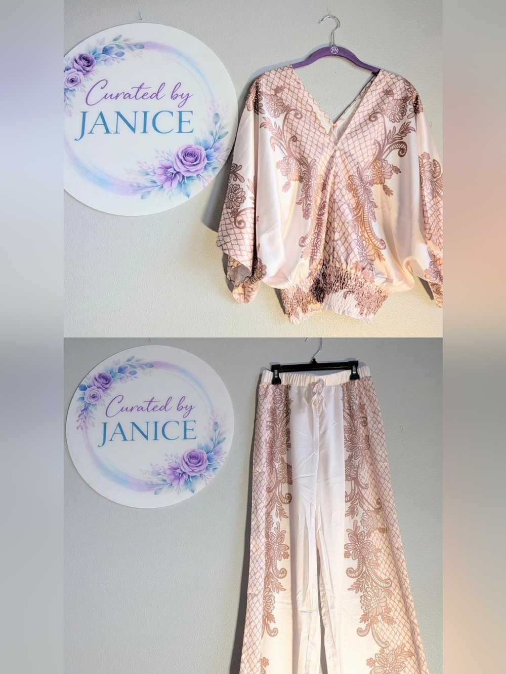 Her.. Bottari | Dusty Rose & White | Satin Two-Piece Pant Set | Size M